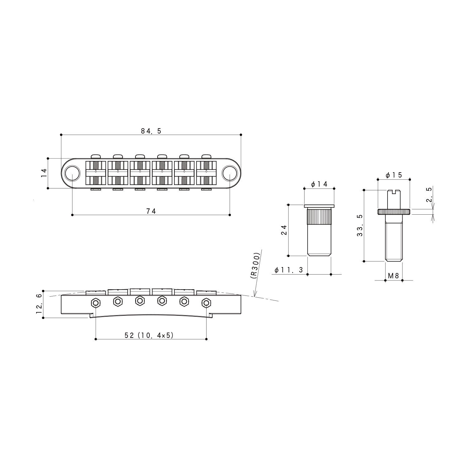 Ponte Fisso TOM Style 6 Corde Chrome