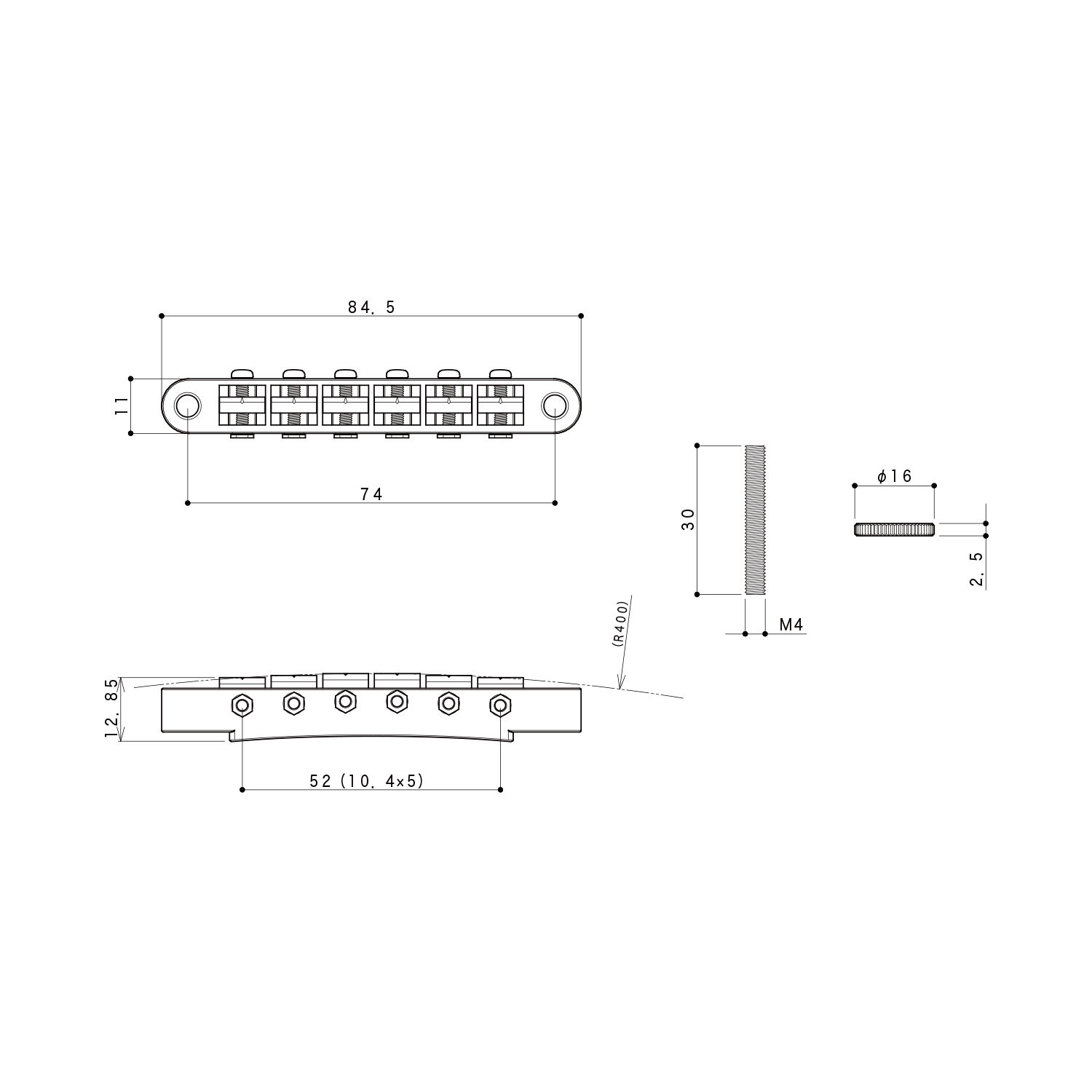 Ponte Fisso TOM Style 6 Corde Black