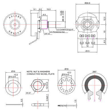 Potentiometer 250K audio solid shaft short