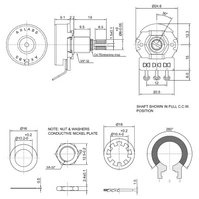 Potentiometer 500K audio split shaft medium