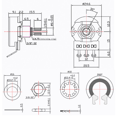 Potentiometer 500K linear split shaft short