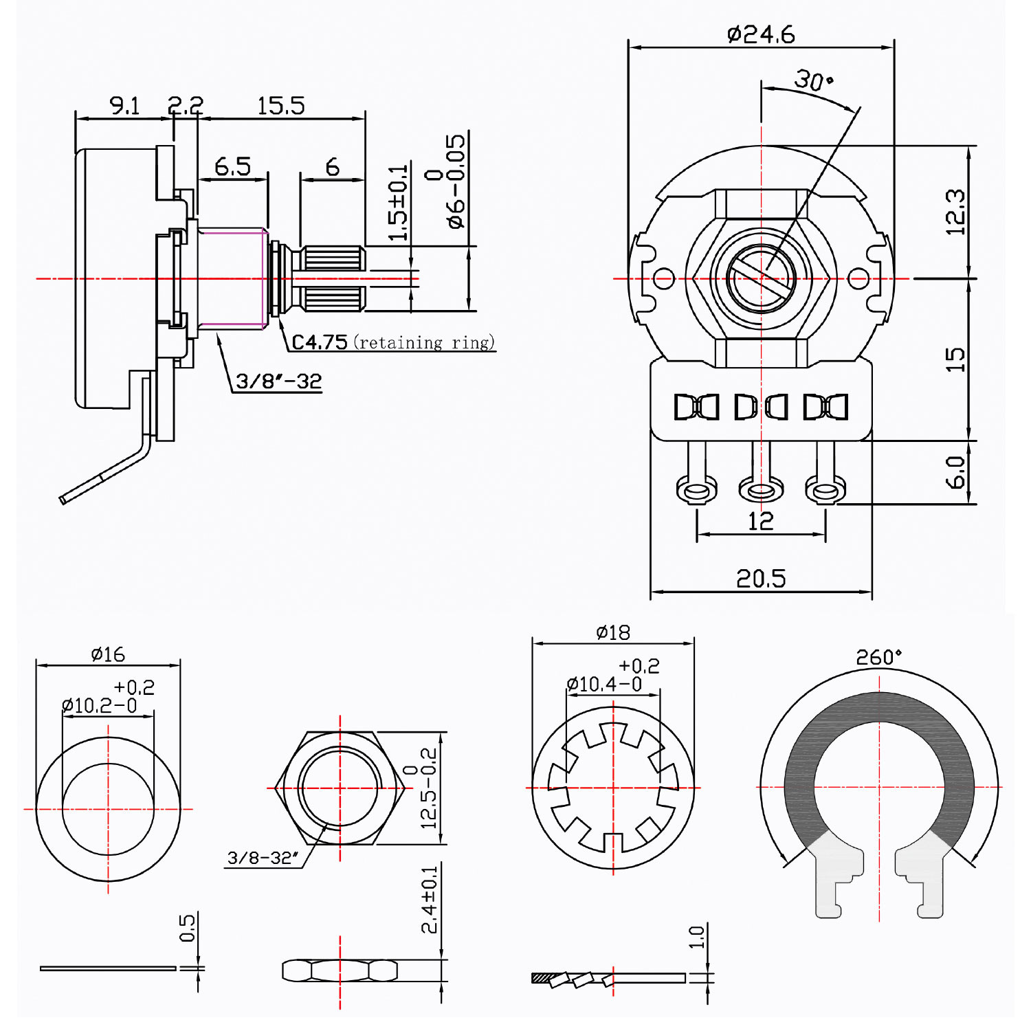 Potentiometer 500K linear split shaft short