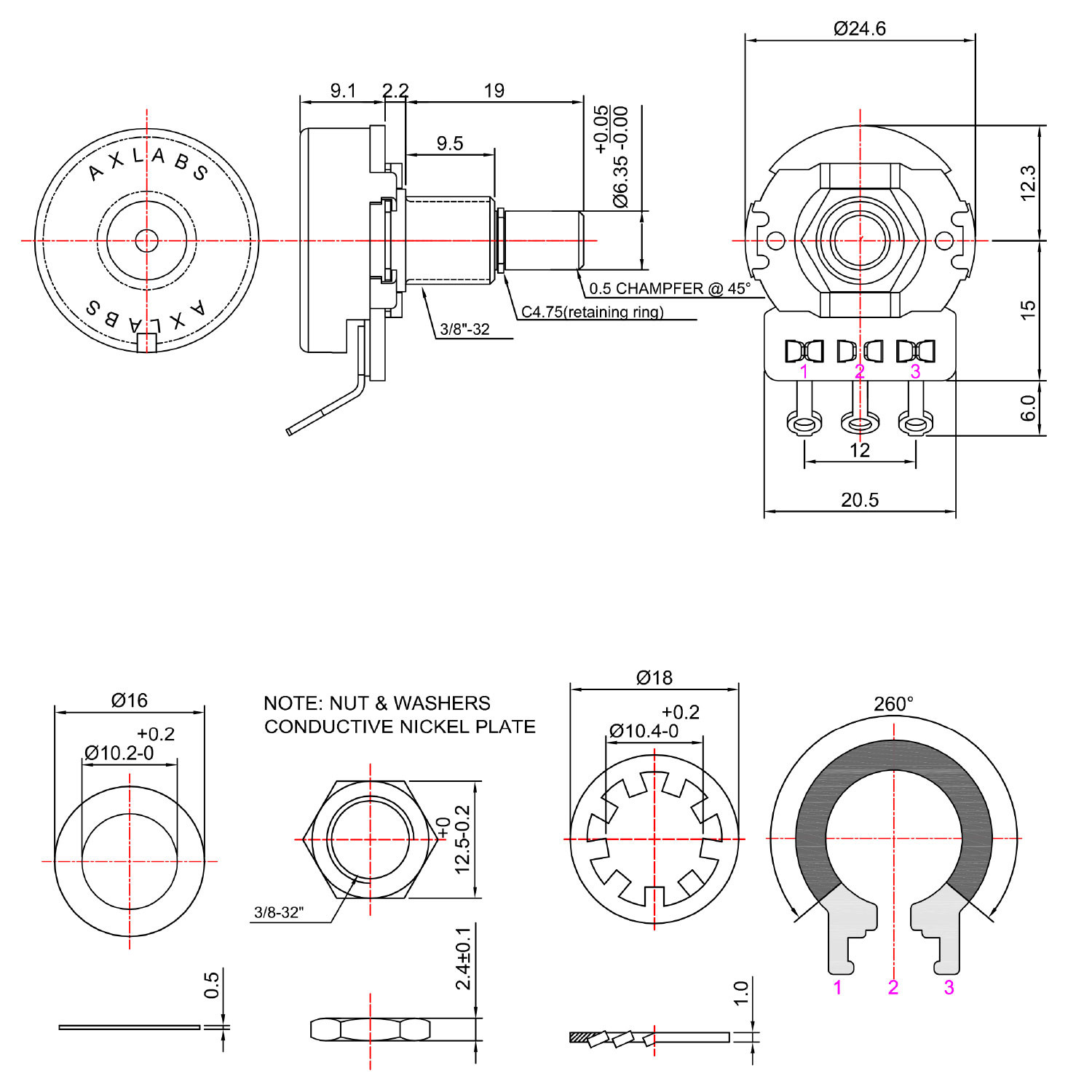 Potentiometer 500K linear solid shaft medium