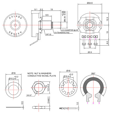 Potentiometer 250K linear solid shaft medium