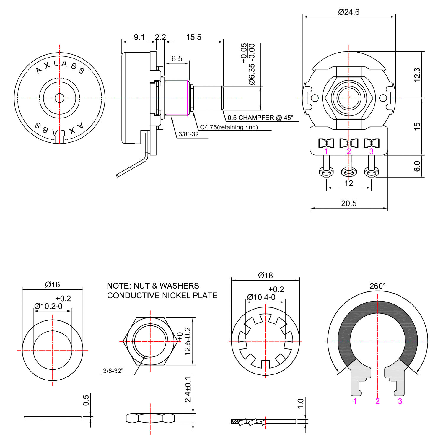 Potentiometer 250K linear solid shaft short