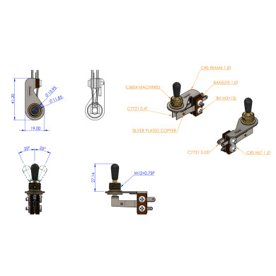 Toggle switch right angle 3way 4 pole gold