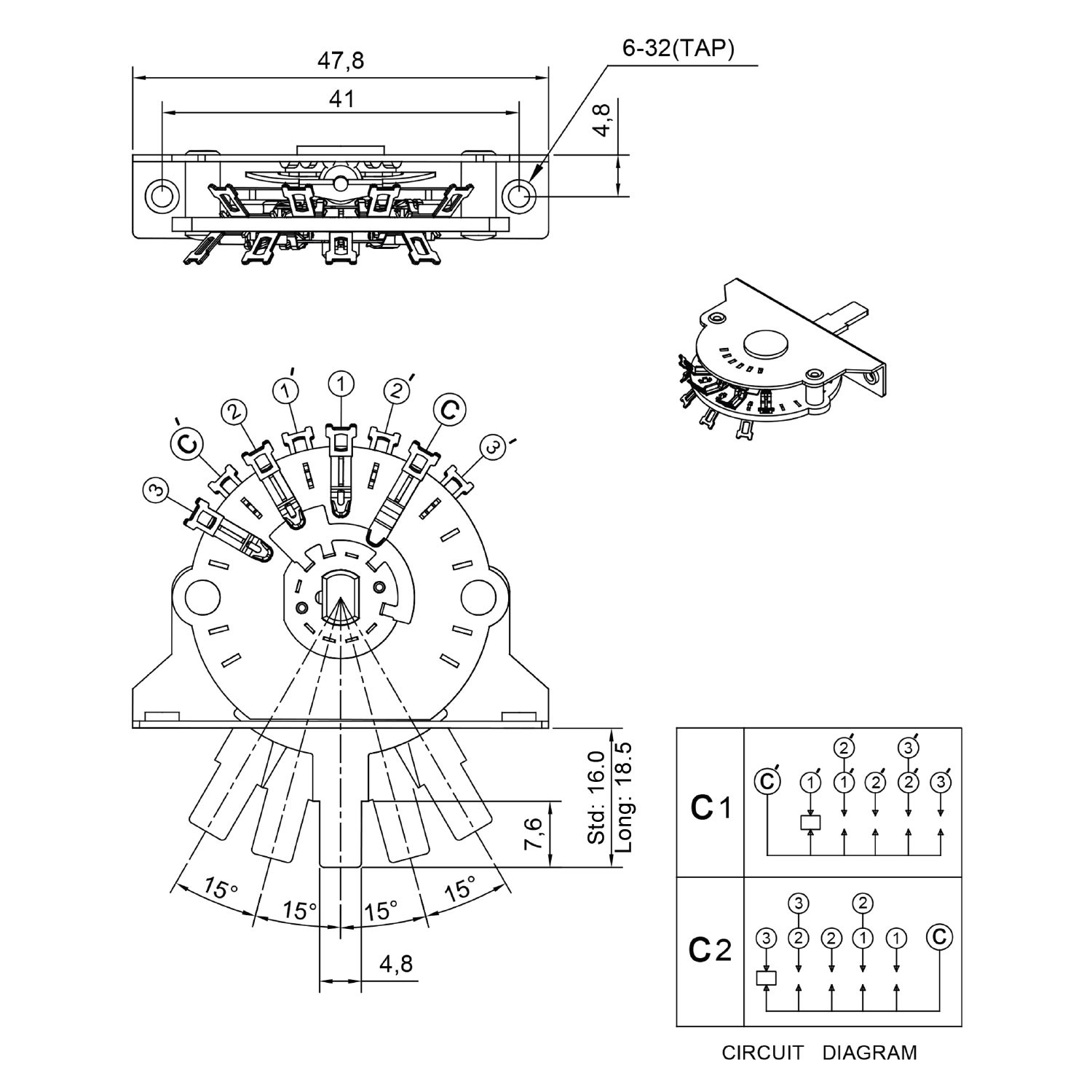 Toggle switch 5way 2 pole nickel