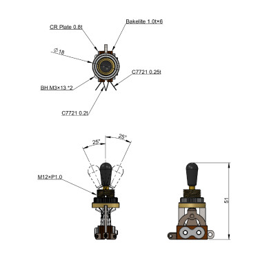 Toggle switch 3way 4 pole nickel